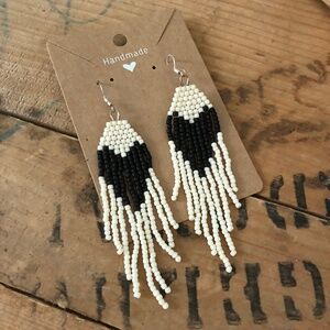 Black Heart on Cream Beaded Earrings